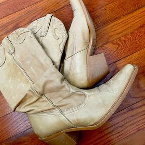 Beige leather cowboy boots